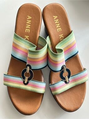 Anne Klein Hadya wedge sandals feature multi-colored striped elastic straps 8.5